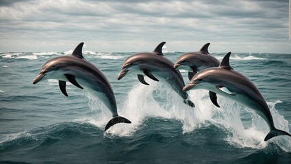 A group of energetic dolphins frolicking in the ocean, their graceful movements creating a beautiful dance as they jump over the rolling waves