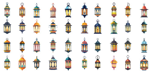 set of illustration of arabic lantern. - obrazy, fototapety, plakaty