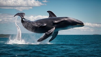 A majestic baby humpback whale gracefully dances in the crystal blue waters 