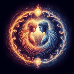Twin flame couple. Soulmates. The concept of magical, esoteric, tantric, spiritual love. Connection between souls. Illustration for websites and much more. Created using generative ai tools.
