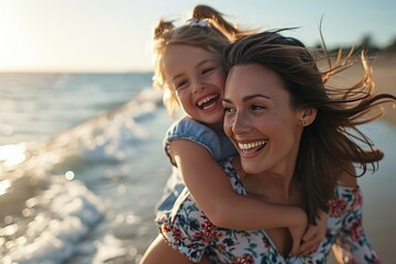 A woman is seen holding a little girl on a beautiful beach. This image can be used to depict a loving mother-daughter bond or a fun family vacation by the sea