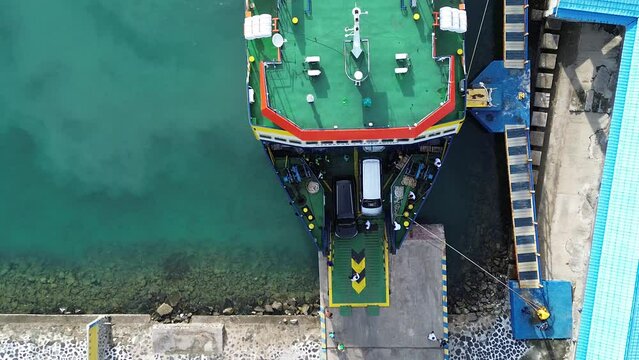 Aerial View of a Ferry Boat Anchored at Gorontalo Harbor in the Morning