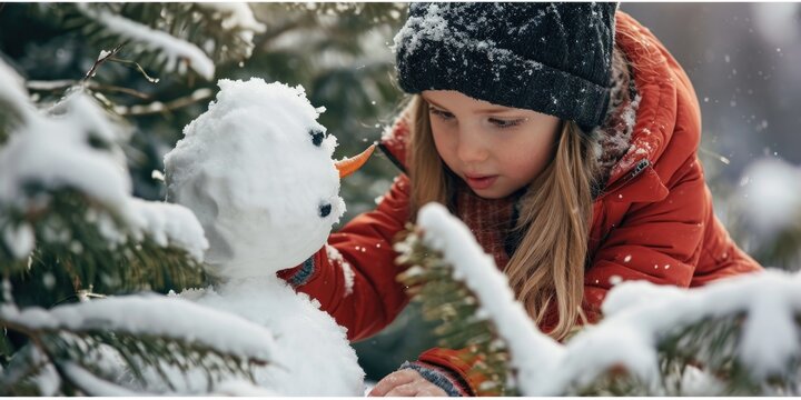 A little girl is pictured building a snowman in the snow. This image can be used to depict winter activities or the joy of childhood
