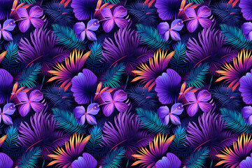 Seamless pattern with neon purple and blue tropical leaves and flowers. Exotic botanical wallpaper - obrazy, fototapety, plakaty