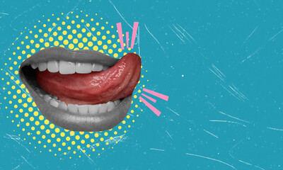 Smiling mouth of woman with red tongue isolated on blue background. Smiles, joy, laughter, positive emotions.