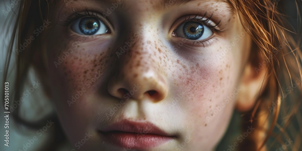 Aufkleber A close up view of a child with freckles on her face. This image can be used for various purposes