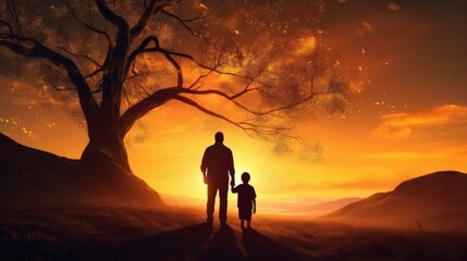 Fototapeta na wymiar Joyful father-son bonding in park at sunset with tree silhouette backdrop