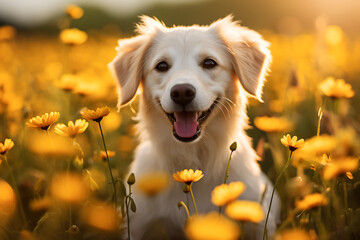 Golden Hour Pup: A Happy Dog Amidst Blooming Flowers