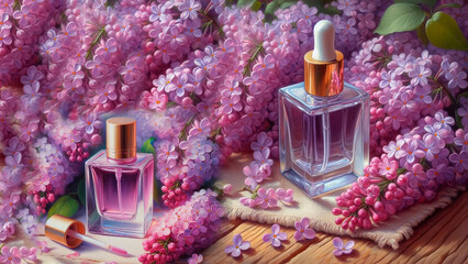 Bottle of perfume and lilac flowers on a wooden background.