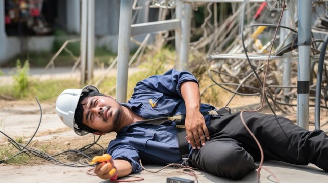 Accident at work, an Asian engineer or electrician is electrocuted to the ground