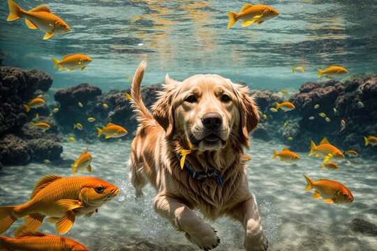 Among schools of tropical fish, a stately golden retriever dog swims elegantly over glistening waters.