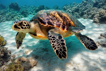 Fototapeta premium A majestic hawksbill sea turtle glides through crystal clear waters, its vibrant shell reflecting the colors of the ocean.