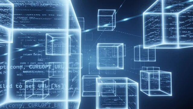 Blockchain concept, there is a cube with digital data code inside, line network connection, The camera moves forward.