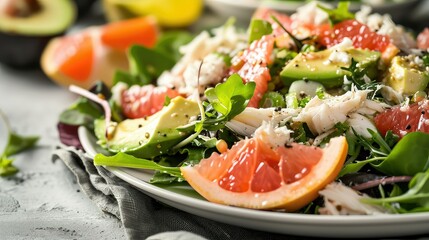 Fresh salad featuring lump crab meat, avocado, grapefruit, and mixed greens, tossed in a lemon...