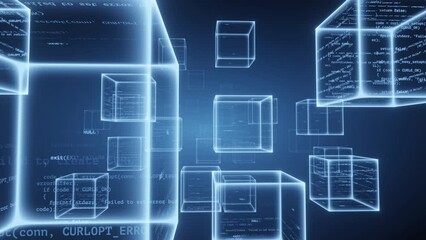 Blockchain concept, there is a cube with digital data code inside. ,The camera moves forward.