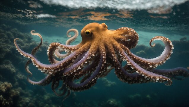 As it searches for its next food, a magnificent Octopus vulgaris saunters over the ocean's depths, its tentacles dancing in a beautiful manner.