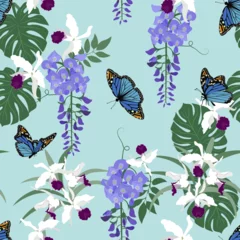 Foto op Aluminium Aquarel natuur set Seamless vector illustration with flowers wisteria, orchids and butterflies.
