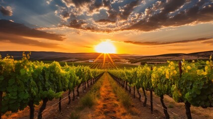 Peaceful vineyard with rows of grapevines during sunset