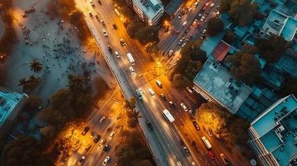 Aerial view highway road intersection at night for transportation, distribution or traffic background. Traffic jam urban city concept