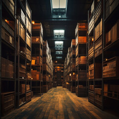 Old warehouse with wooden boxes and racks.