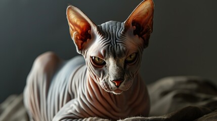 A hairless cat relaxing on a comfortable bed. Perfect for pet lovers and animal-themed projects - obrazy, fototapety, plakaty