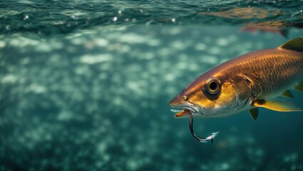 Fototapeta premium A captivating close-up of a fish hook shimmering in the glistening waters