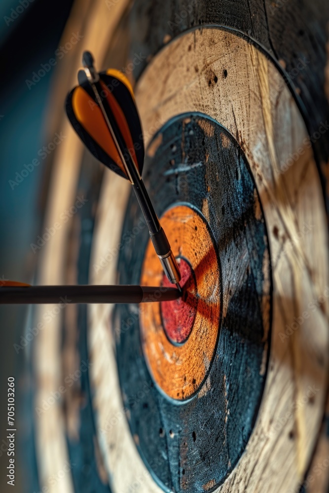 Poster a close up view of an arrow precisely hitting the bulls eye target. perfect for illustrating accurac