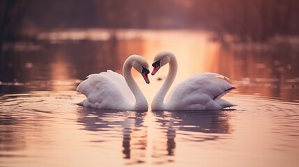 Two swans form a heart shape with their necks on a serene lake