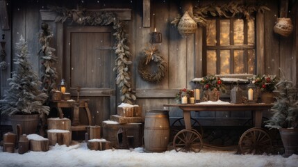 Fototapeta na wymiar Rustic Christmas winter scene featuring wooden decorations and snow
