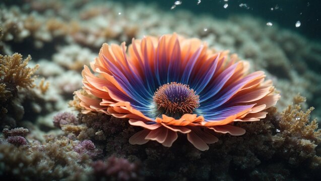 An captivating sea anemone with vivid colors and beautiful designs floating gently in the mild water currents