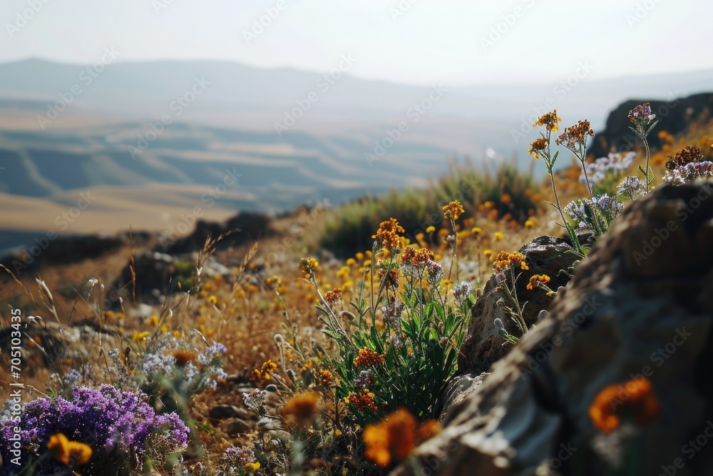 Poster a vibrant field of wildflowers growing on a rocky hillside. perfect for adding a touch of nature to 