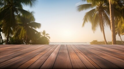 Dark wood floor top on blur tropical beach background, Advertisement, Print media, Illustration, Banner, for website, copy space, for word, template, presentation.