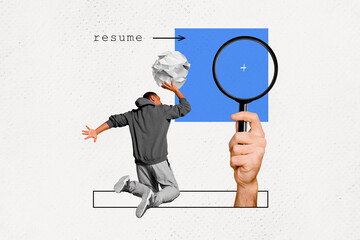 Horizontal funny photo collage of young guy looking for job work jump high to throw his resume cv...