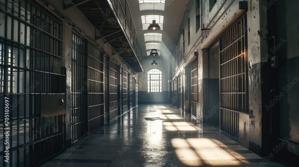 Aufkleber a long hallway inside a jail cell building. suitable for crime and justice-related projects