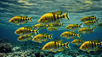 Fototapeta premium With their vivid black and yellow stripes making a striking contrast with the deep blue background, a school of sergeant major fish smoothly glides across the clear waters.