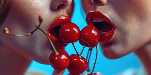 Two women with red lips biting cherries in front of their mouths. This image can be used to depict sensuality, temptation, or indulgence