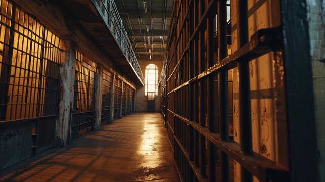 A long hallway inside a jail cell building. This image can be used to depict the interior of a prison or for any concept related to law enforcement and incarceration