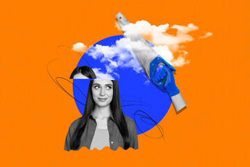 Horizontal surreal photo collage of young girl with sawed off half of head hand hold saw clouds dream fantasy on colorful background