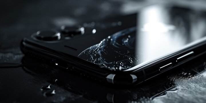 A broken cell phone resting on a table. This image can be used to depict technology issues, communication problems, or the need for device repairs