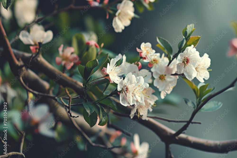 Poster a detailed view of a tree with delicate white flowers. perfect for nature enthusiasts and garden ent