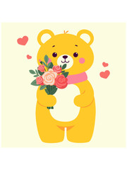 Vector cute illustration for Valentine's Day with a bear and a bouquet of flowers