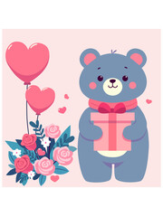 Vector illustration for Valentine's Day. Cute bear with a gift and flowers.