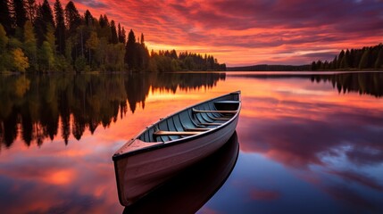 Tranquil lake with a rowboat as the sun sets in a blaze of colors