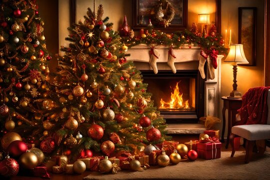 Create a enchanting image of a New Year tree adorned with twinkling Christmas decorations lights, set against the warm glow of a crackling fireplace.

