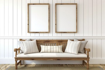 Wooden rustic bench with pillows against wall with two poster frames. Country farmhouse interior design of modern home entryway