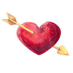 Red heart with arrow in watercolor style. Hand drawn illustration isolated on transparent background