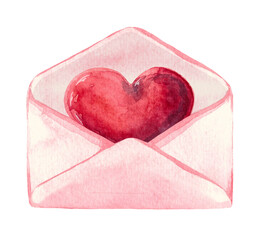 Opened postal envelope with red heart inside, symbol of romance. Hand Drawn watercolor painting on white background, elegant element for design, greeting cards, wedding invitations. Valentines day