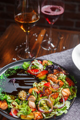 salad with grilled vegetables roast beer and Salad with prosciutto slices of grapes and cherry tomatoes, dark and moody, top new