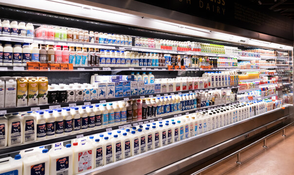 CHIANGMAI,THAILAND - January 3,2024 -Variety of Drinking milk,soy milk,yogurt and healthy drink on Freezer shelves at supermarket