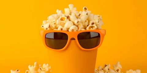 Schilderijen op glas Photo of positive funky person eat pop corn watch movie 3d glasses isolated on yellow color background v5 © marant